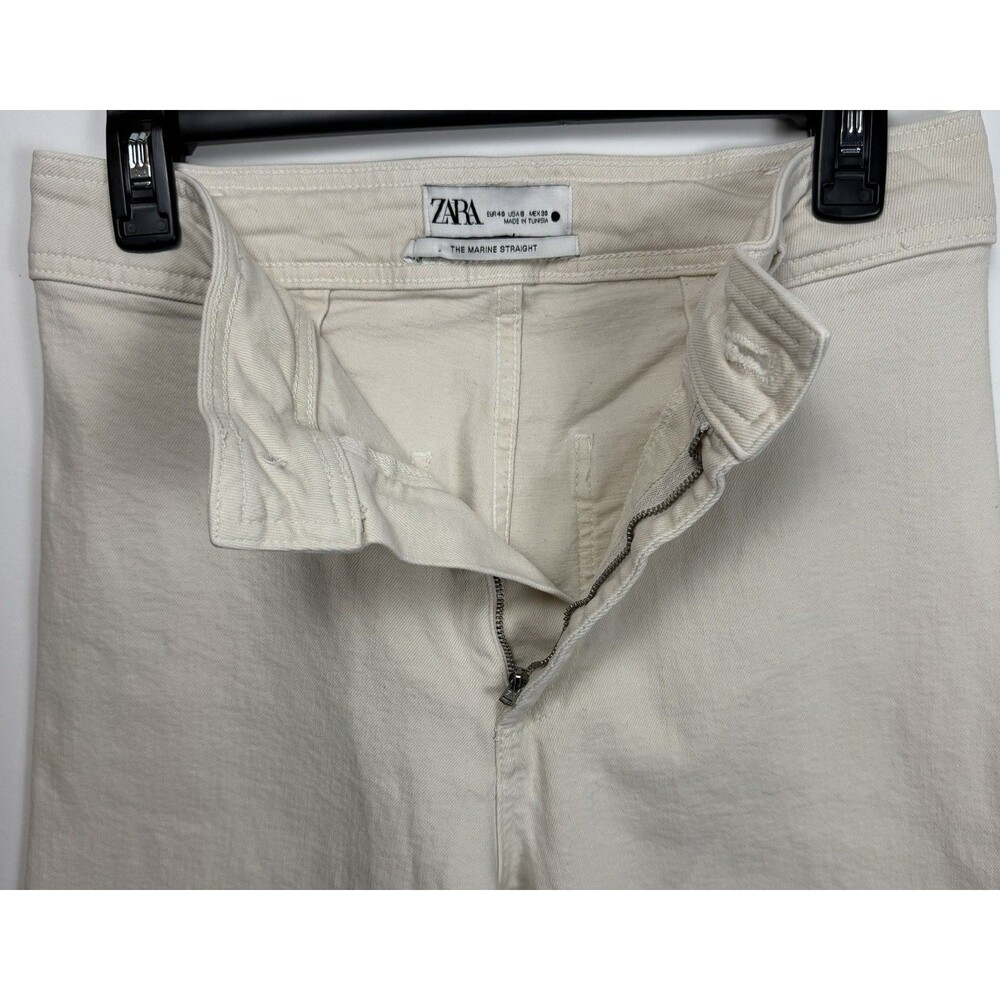 Zara Marine Straight Cream Denim Jeans Raw Hem Wide Leg Size 8 28” Inseam - Picture 6 of 12